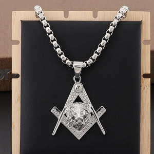 Hip hop stainless steel necklace with iced-out Freemasonry lion head pendant