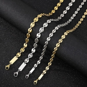 Men Stainless Steel Pig Nose Coffee Bean Link Chain Necklace And Bracelet With Square Tag Pendant Hip Hop Fashion Jewelry