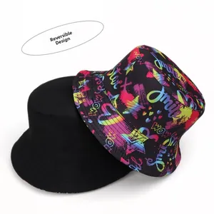 Reversible bucket hat detail showing one side in black and the other with colorful graffiti