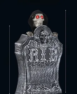 Halloween tombstone with glowing red eyes skeleton and RIP engraving for haunted house