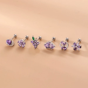 Set of 6 stainless steel cartilage earrings with purple and green zircon stone designs