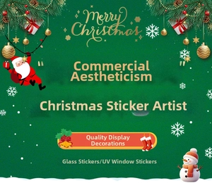 Detailed UV window stickers showing Santa and snowman designs for Christmas window decor