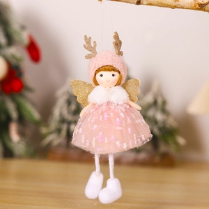 Pink Christmas angel doll with sequin tulle skirt and golden antlers on tree branch
