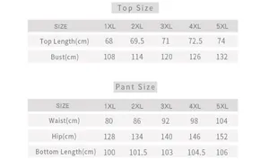 Detailed size chart for women's ice silk pajama set showing 1XL to 5XL measurements