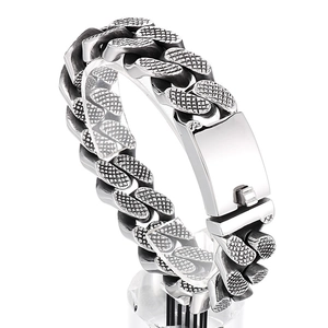 Punk retro silver stainless steel Cuban link bracelet for men with textured links