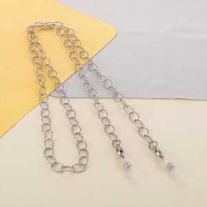 Detail of silver titanium steel eyewear chain with anti-slip silicone loop ends