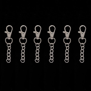 Detailed view of six silver alloy lobster clasp keychains with chains for DIY crafting