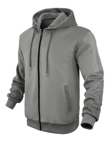 Detail of grey men's zip-up hoodie featuring high-density knit waffle texture and hood