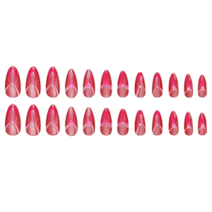 24pcs almond press-on nails in rose red cat eye finish with white streamline wave patterns