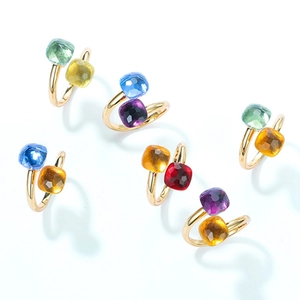 Adjustable S925 silver gold plated ring with colorful square-cut gemstones