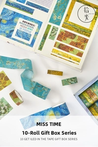 Macro shot of 10-roll Van Gogh art washi tape set including Starry Night and Sunflower patterns