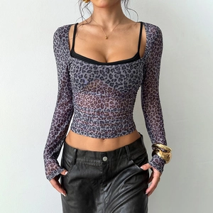 Top In Mesh Con Stampa Leopardata Da Donna Sexy Trasparente A Maniche Lunghe Slim Fit Scollo A U Streetwear Clubwear