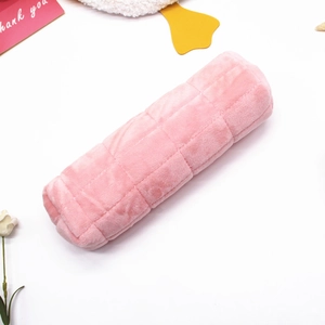 Pink quilted plush cylinder pencil case with soft fabric for student stationery storage