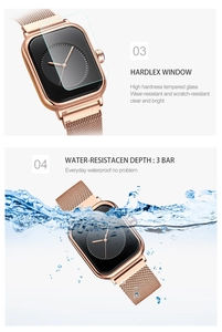 Detail of rose gold square watch with water splash showing 3BAR waterproof mineral glass
