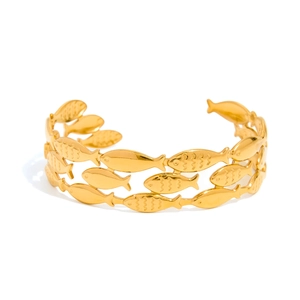 Adjustable golden stainless steel open bangle featuring an intricate layered fish design