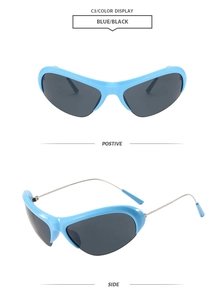 Close-up of sky blue semi-rimless Y2K sports sunglasses with dark grey lenses