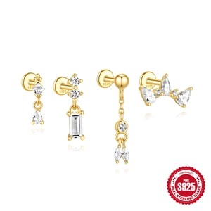 Set of 4 S925 sterling silver gold drip earrings with sparkling zircon stones