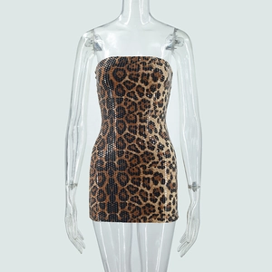 Close-up of leopard print sequins on a sexy strapless bodycon mini dress for women