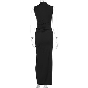 Rear view of sleek black high-neck sleeveless maxi dress with side ruching details