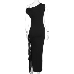 Detail of slim fit black dress with sheer mesh ruching on back and one-shoulder cut