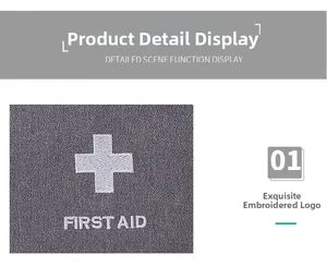 Close-up of grey textured fabric first aid pouch with white cross embroidery detail