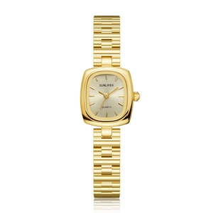 Vintage gold-tone women's quartz watch with rectangular dial on white background