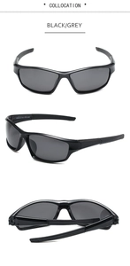 Multiple views of black polarized sports sunglasses showing frame details and UV400 lenses