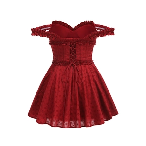 Close-up of red off-shoulder mini dress featuring intricate eyelet lace and back lace-up detail