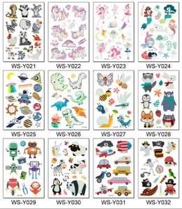 Grid layout of twelve children's temporary tattoo sets with diverse cartoon themes