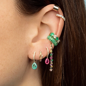 Gold chain earrings set with colorful emerald and multi-gemstone charms for women