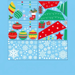Detail view of 6-sheet Christmas static window clings with snowflakes and reindeer motifs
