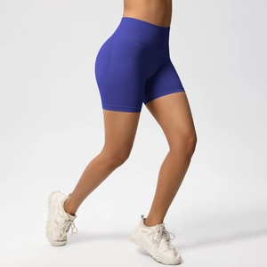 Close-up of seamless dark blue high-waisted yoga shorts with scrunch butt lifting detail