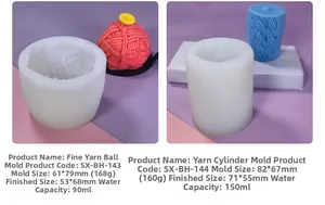 Detailed view of yarn ball and woven cylinder silicone molds for DIY candle making