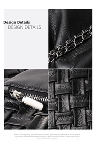 Detail shots of woven leather tote with silver metal chain strap and hardware zippers