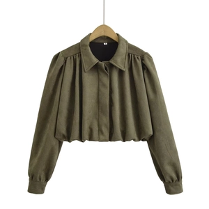 Women Faux Suede Jacket Olive Green Lapel Long Puff Sleeve Short Loose Coat With Pleated Hem Casual Elegant Outerwear