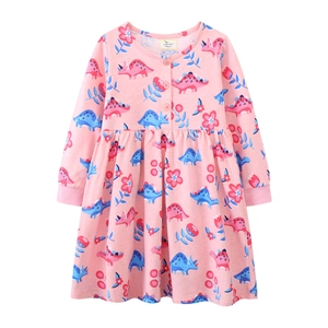 Pink long sleeve girls' dress with colorful dinosaur and floral prints and round neck