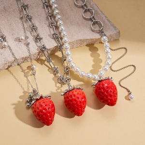 Asymmetric strawberry charm necklace with pearls and various chain styles for women