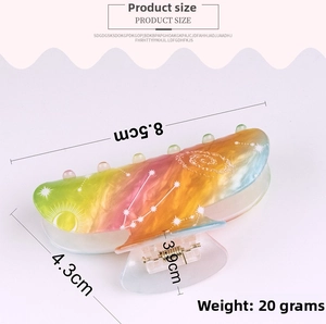 Detailed view of colorful gradient hair claw clip with star patterns and size markings
