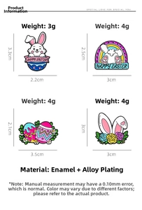 Detailed size chart for Easter enamel pins featuring rabbits and eggs with weight and dimensions
