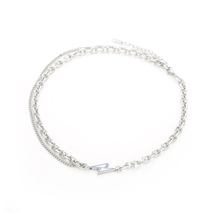 Minimalist double layer silver chain necklace with a white lightning bolt pendant