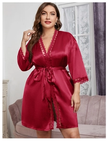Detail of red satin plus size robe featuring delicate eyelash lace trim on sleeves