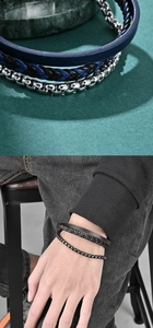 Detail of men's leather braided bracelet and silver metal chain with magnetic clasp