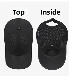 Detail view of black breathable mesh baseball cap showing ventilation holes and inner lining