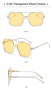 Detail view of square double-bridge sunglasses with transparent silver frame and yellow lenses