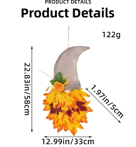 Detailed view of Autumn gnome wreath with maple leaves and burlap hat for Thanksgiving decor