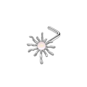 Silver L-shaped nose stud with pink opal center in a sunburst pattern design