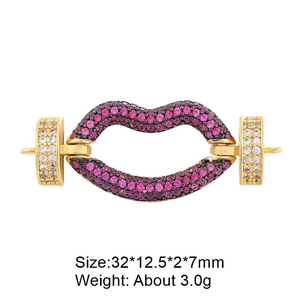 Macro detail of lip-shaped copper zircon jewelry clasp with pink stones and dimensions