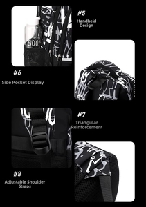 Detailed views of graffiti backpack showing top handle, side mesh pocket and straps
