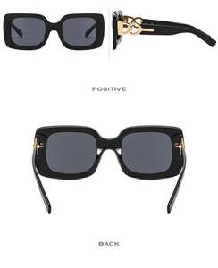Detailed multi-angle views of square black sunglasses with gold chain temples