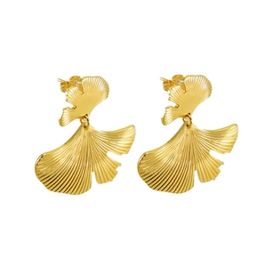 Detailed view of golden ginkgo leaf earrings with intricate radial vein textures on white
